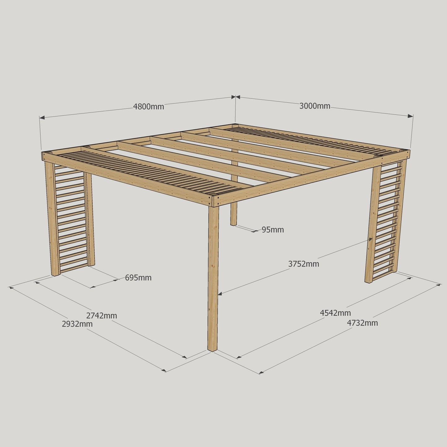 Freestanding Panel Pergola - Rustic Brown - 3m Width x 4.8m Length