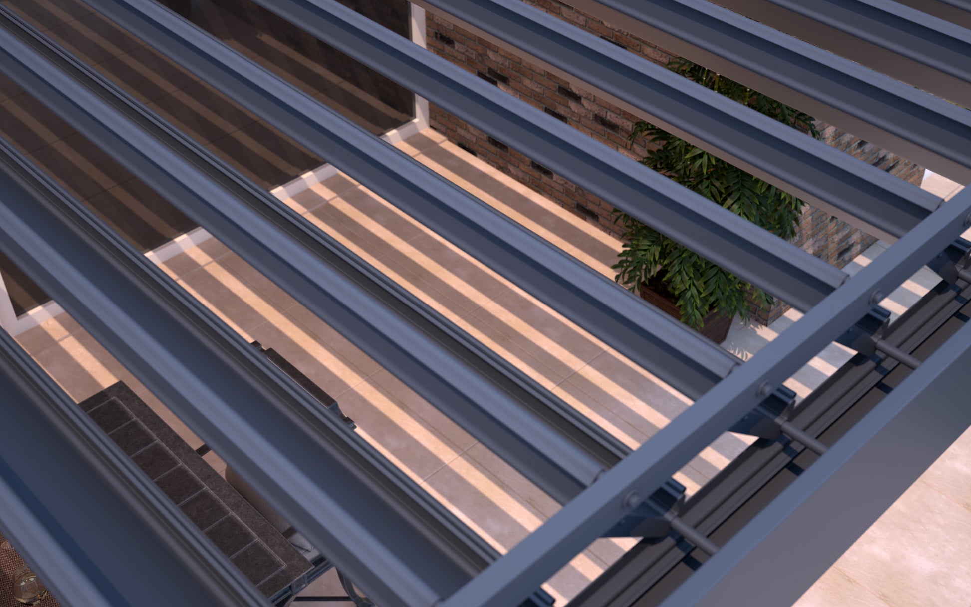Portico motorised pergola in white with Somfy remote, louvres angled in afternoon sun
