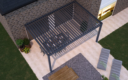 The Portico pergola in white spanning a wide garden terrace from garden perspective