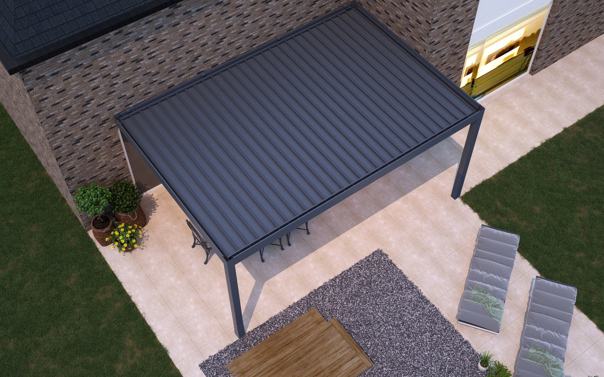 Portico pergola in white covering a dining terrace with furniture below