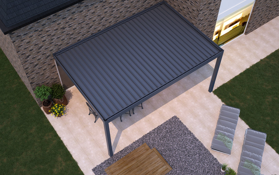 Portico pergola in white covering a dining terrace with furniture below
