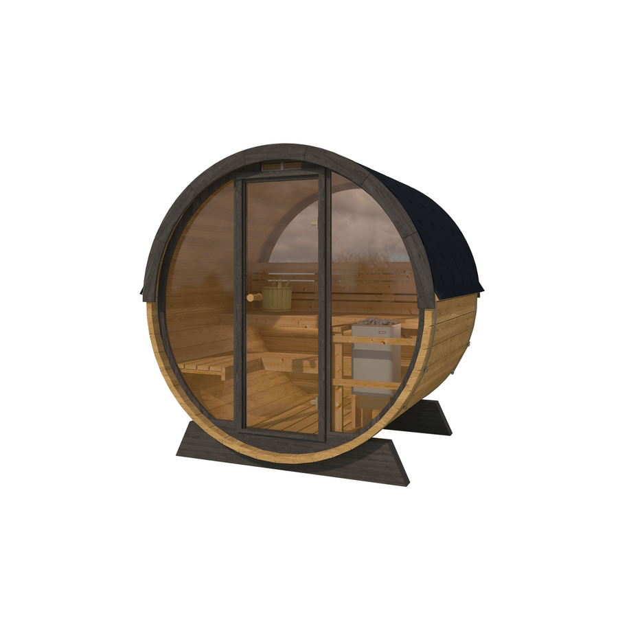 Pool Sauna — Full Front Glass Thermowood Barrel Sauna for Poolside — thermowood — angle view 2
