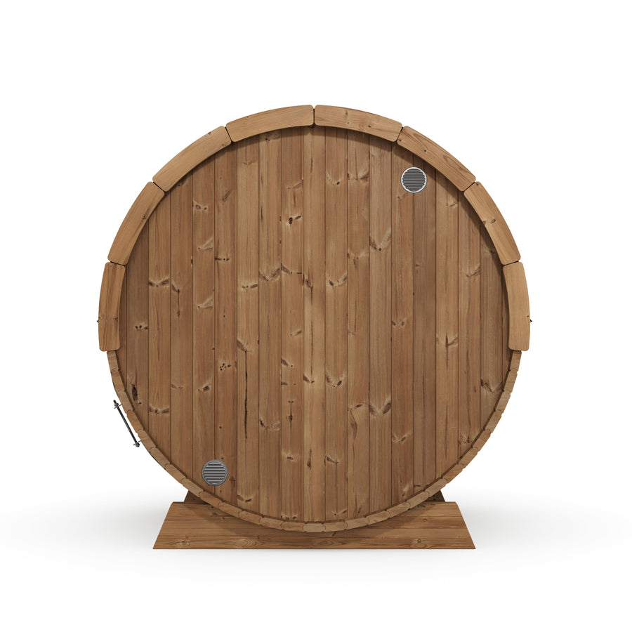 Pool Sauna — Full Front Glass Thermowood Barrel Sauna for Poolside — thermowood — back view 1