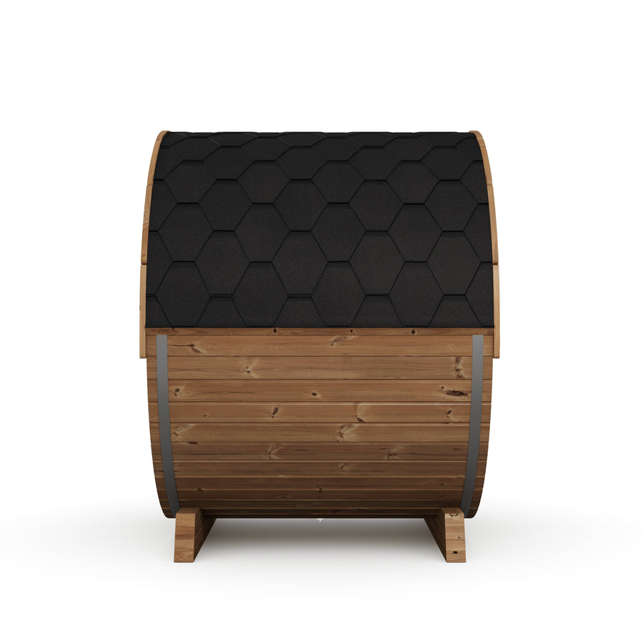 Pool Sauna — Full Front Glass Thermowood Barrel Sauna for Poolside — thermowood — side view 2