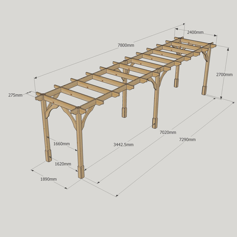 Freestanding Premium Pergola - Rustic Brown - 2.4m Width x 7.8m Length