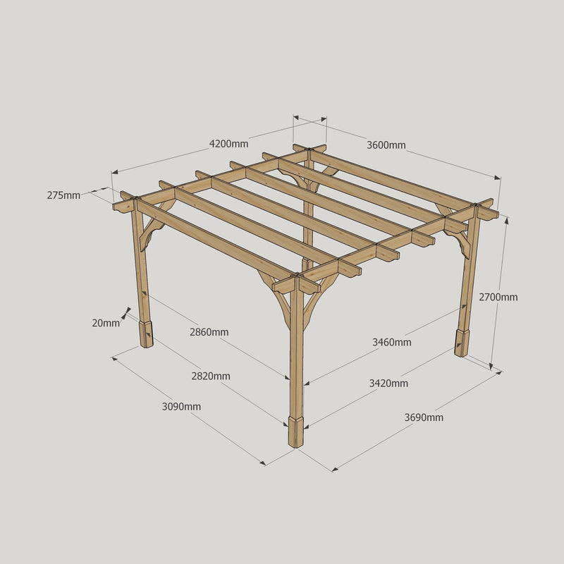 Freestanding Premium Pergola - Rustic Brown - 3.6m Width x 4.2m Length