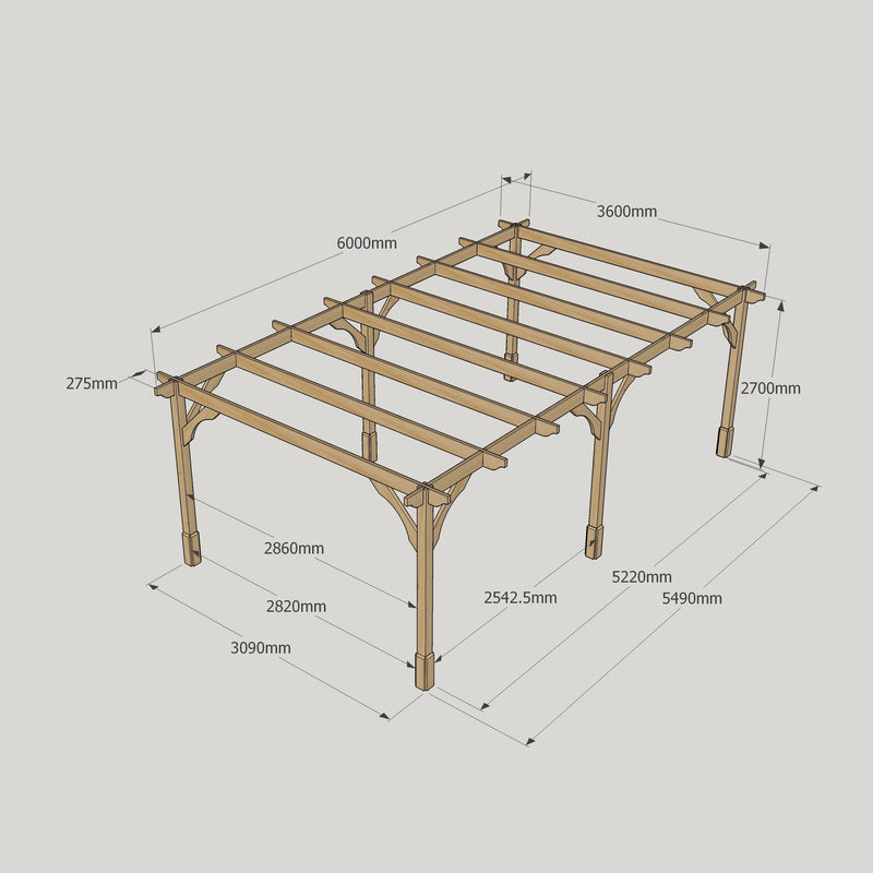Freestanding Premium Pergola - Rustic Brown - 3.6m Width x 6m Length
