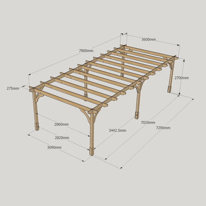 Freestanding Premium Pergola - Rustic Brown - 3.6m Width x 7.8m Length