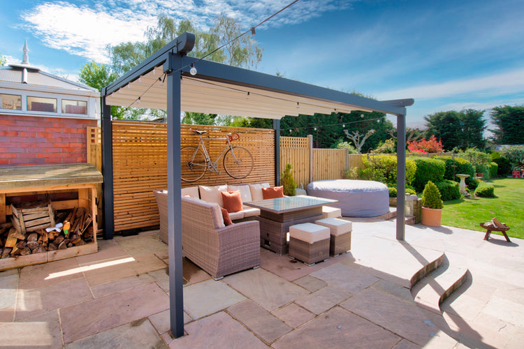 Aluminium Folding Roof Veranda | The Libero | Retractable Waterproof Fabric Roof | Integrated LED | Concealed Drainage Through Posts