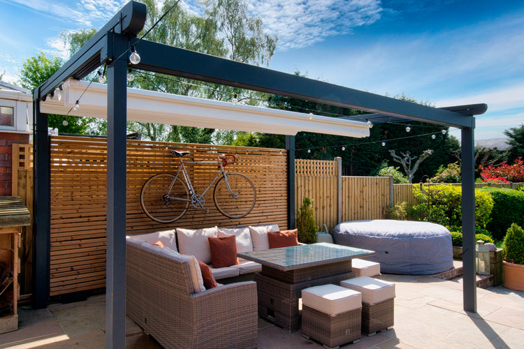 Aluminium Folding Roof Veranda | The Libero | Retractable Waterproof Fabric Roof | Integrated LED | Concealed Drainage Through Posts