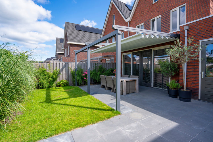 Aluminium Folding Roof Veranda | The Libero | Retractable Waterproof Fabric Roof | Integrated LED | Concealed Drainage Through Posts
