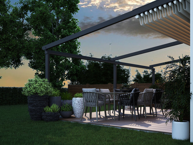Aluminium Folding Roof Veranda | The Libero | Retractable Waterproof Fabric Roof | Integrated LED | Concealed Drainage Through Posts