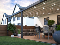 Aluminium Folding Roof Veranda | The Libero | Retractable Waterproof Fabric Roof | Integrated LED | Concealed Drainage Through Posts