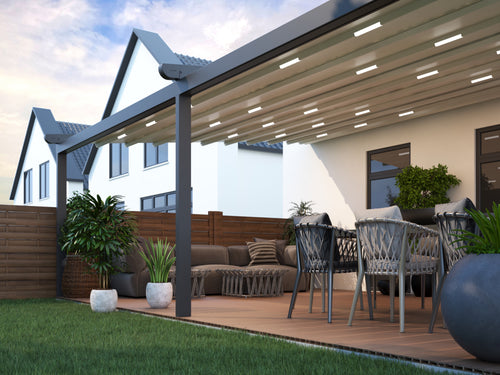 Aluminium Folding Roof Veranda | The Libero | Retractable Waterproof Fabric Roof | Integrated LED | Concealed Drainage Through Posts