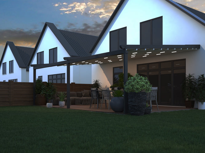 Aluminium Folding Roof Veranda | The Libero | Retractable Waterproof Fabric Roof | Integrated LED | Concealed Drainage Through Posts