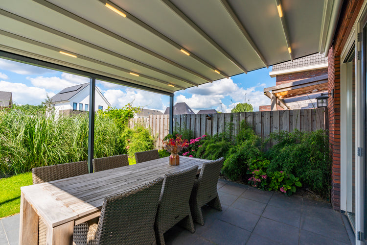 Aluminium Folding Roof Veranda | The Libero | Retractable Waterproof Fabric Roof | Integrated LED | Concealed Drainage Through Posts