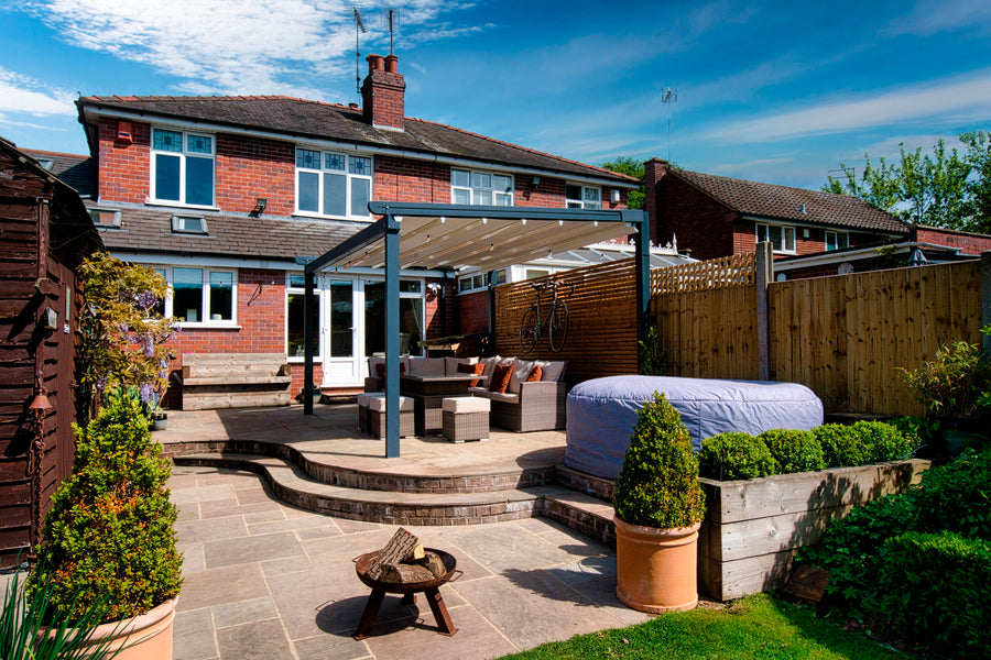 Aluminium Folding Roof Veranda | The Libero | Retractable Waterproof Fabric Roof | Integrated LED | Concealed Drainage Through Posts