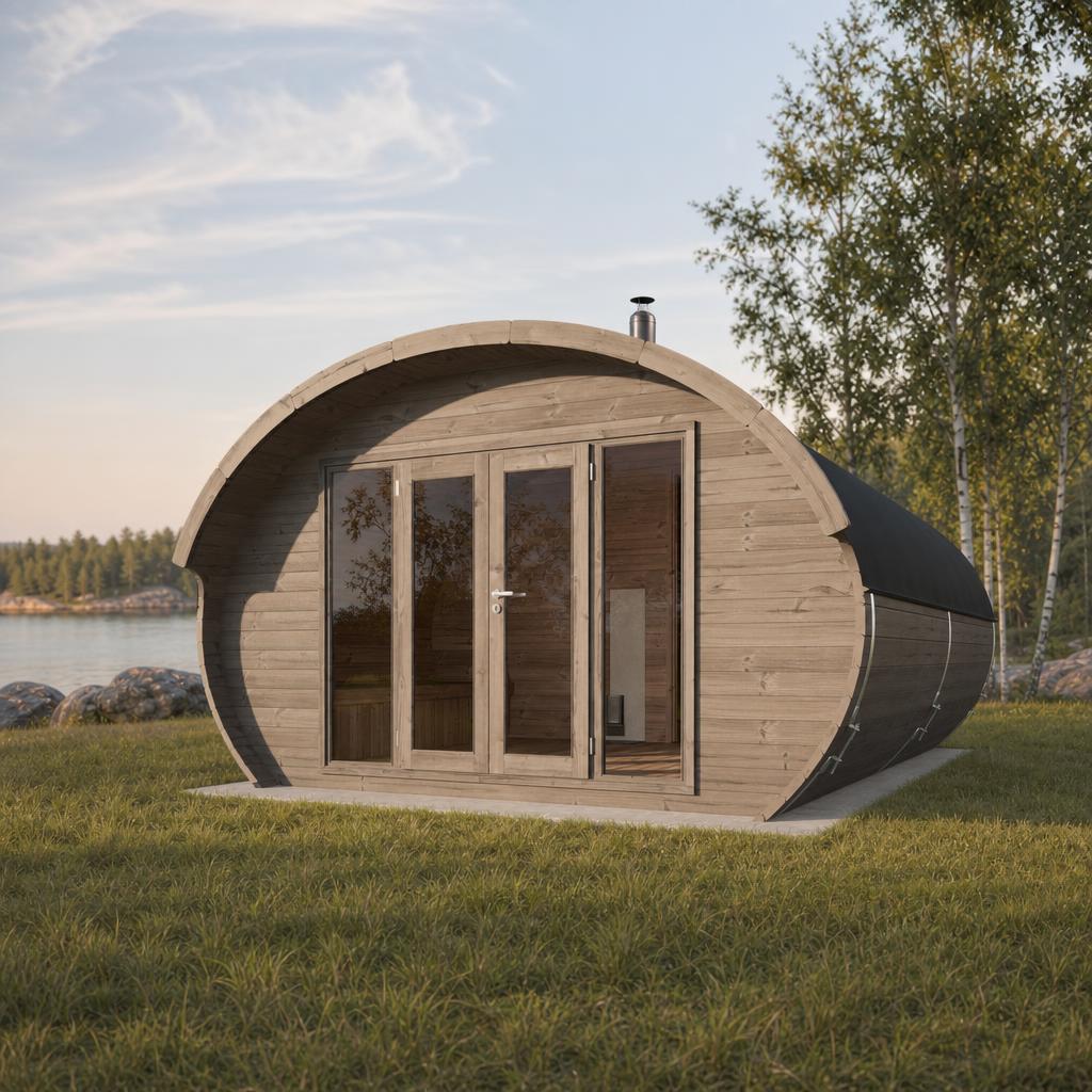 Oval Sauna Frodo 500 — 8–10 Person Thermowood Garden Sauna, Three-Room Layout, 4 × 5m