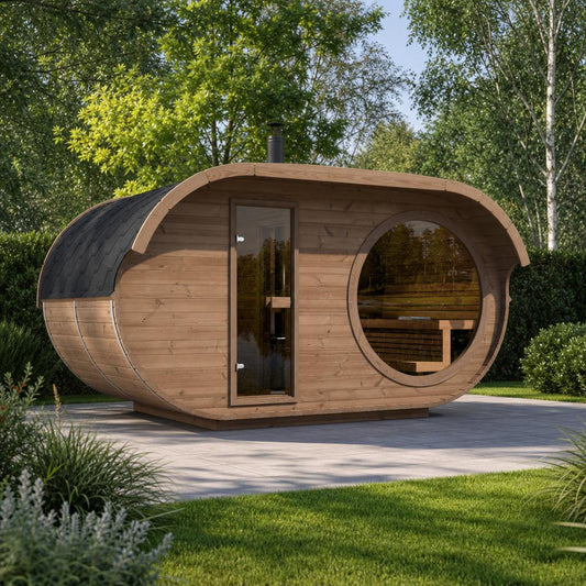 Oval Sauna Raiki — Thermowood Garden Sauna, Distinctive Curved Profile — thermowood — lifestyle photo 1