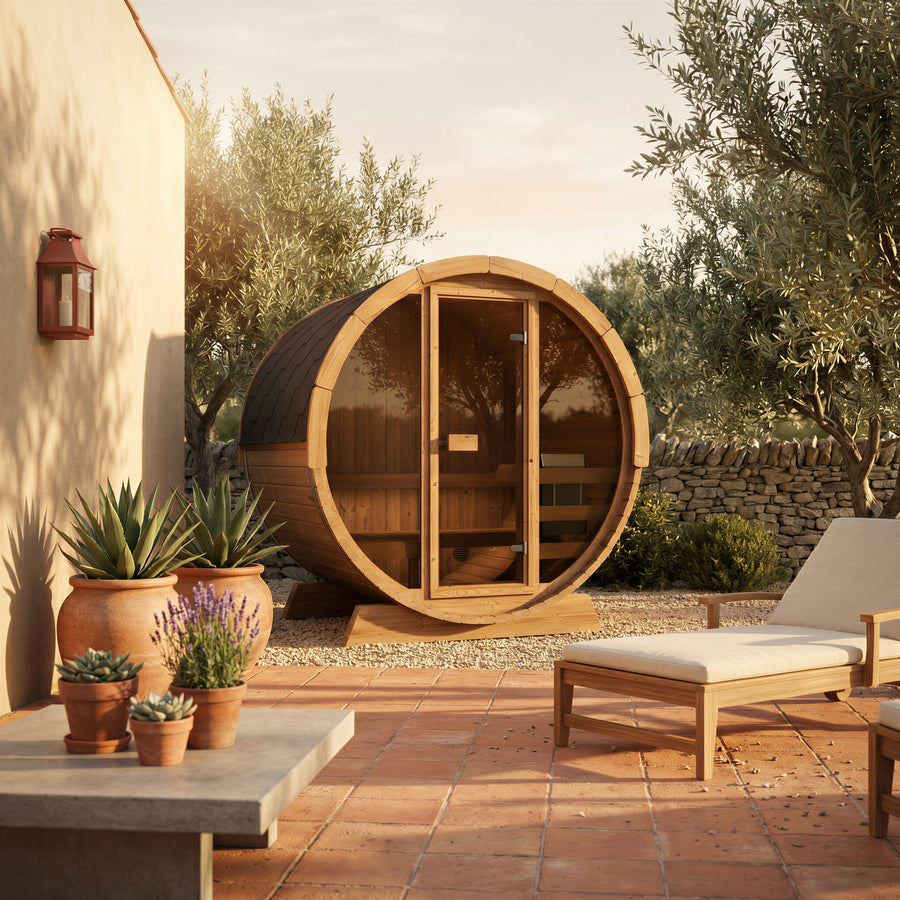 Pool Sauna — Full Front Glass Thermowood Barrel Sauna for Poolside — lifestyle photo 5
