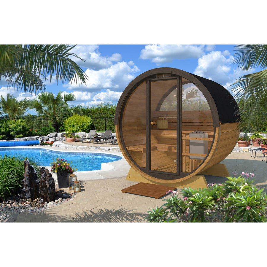 Pool Sauna — Full Front Glass Thermowood Barrel Sauna for Poolside — lifestyle photo 7