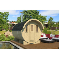 Barrel Sauna 330 with Overhang — lifestyle view