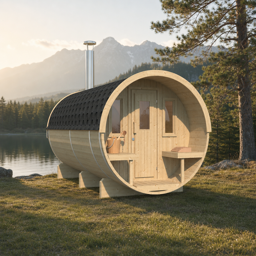 Barrel Sauna 400 Deluxe — Half-Moon Glass Spruce Sauna, 4m — lifestyle photo 2