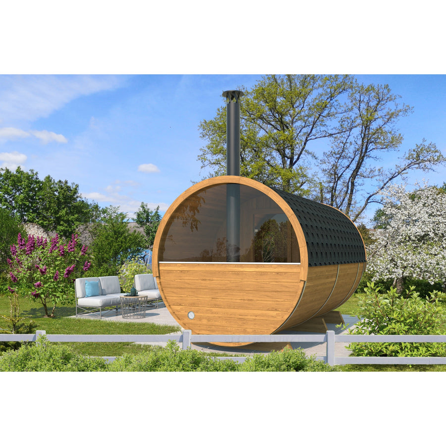 Barrel Sauna 400 Deluxe — Half-Moon Glass Spruce Sauna, 4m — lifestyle photo 7