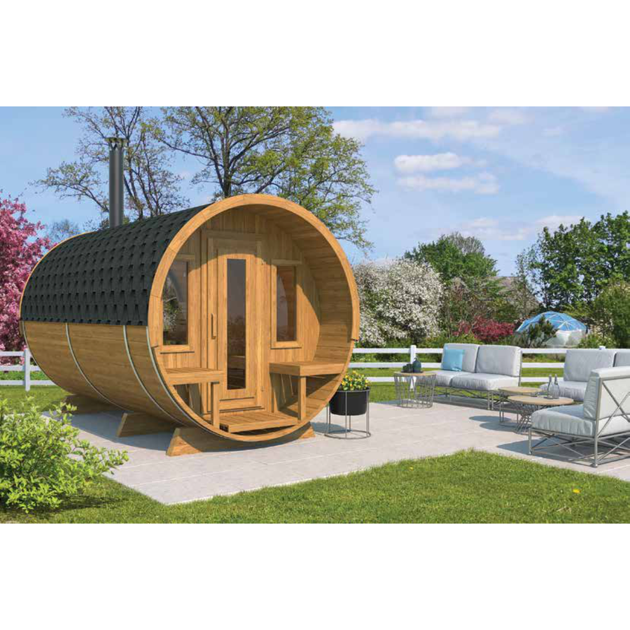 Barrel Sauna 400 Deluxe — Half-Moon Glass Spruce Sauna, 4m — lifestyle photo 9