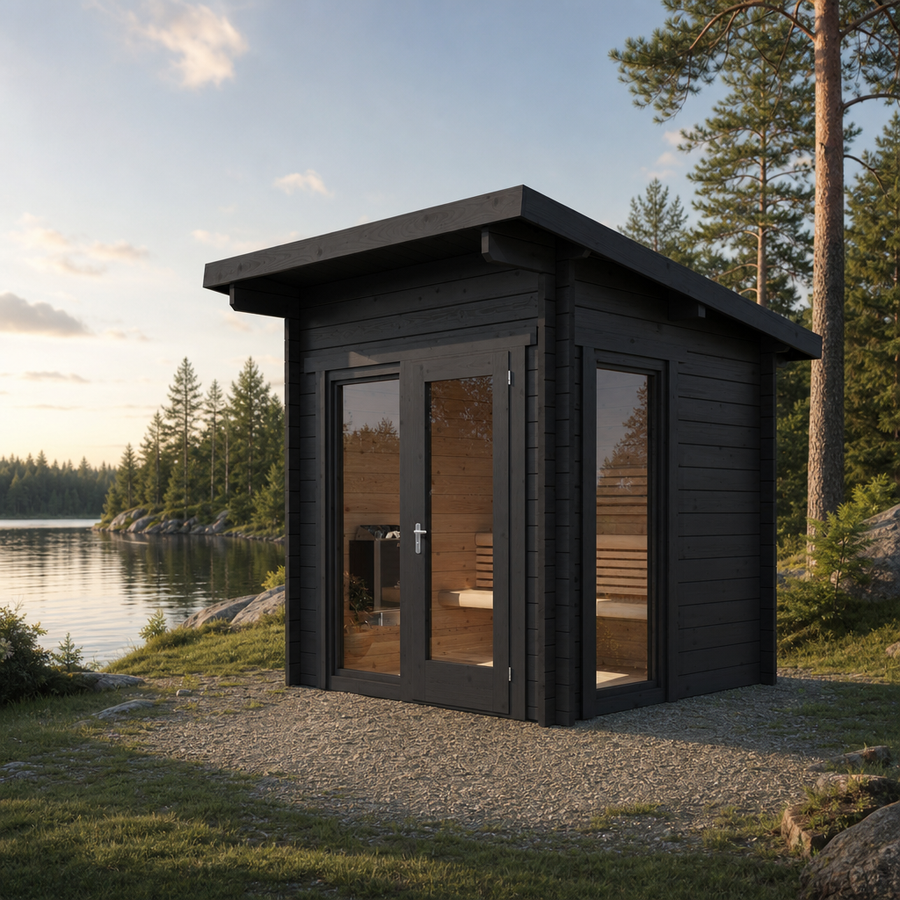 Log Cube Sauna Panorama — 45mm Spruce Sauna, Full Glass Front — lifestyle photo 1