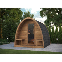Outdoor Sauna Pod 300 — Arched Spruce Garden Sauna, Glass Door 3m — lifestyle photo 1