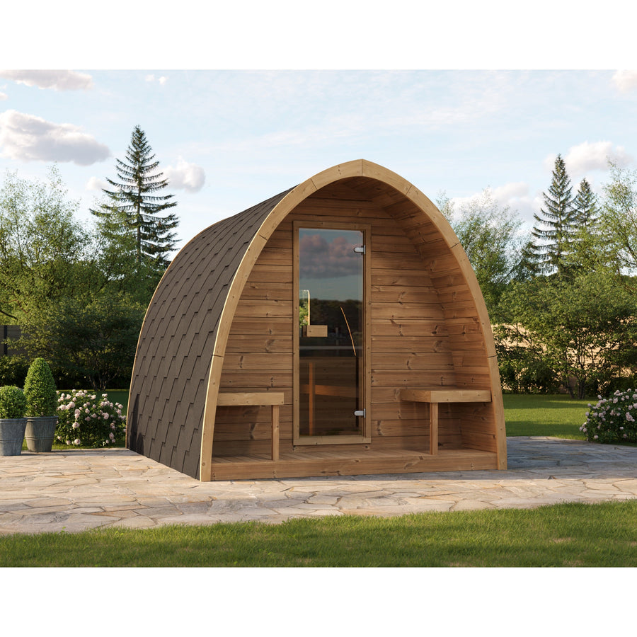 Outdoor Sauna Pod 300 — Arched Spruce Garden Sauna, Glass Door 3m — lifestyle photo 2