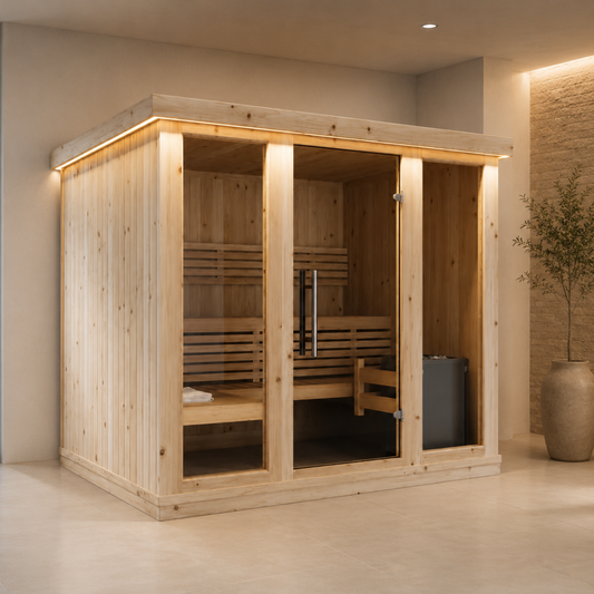 Indoor Home Sauna Large — 3–4 Person 34mm Spruce Indoor Sauna, Aspen Benches, Floor Not Included, 2.24 × 1.75m