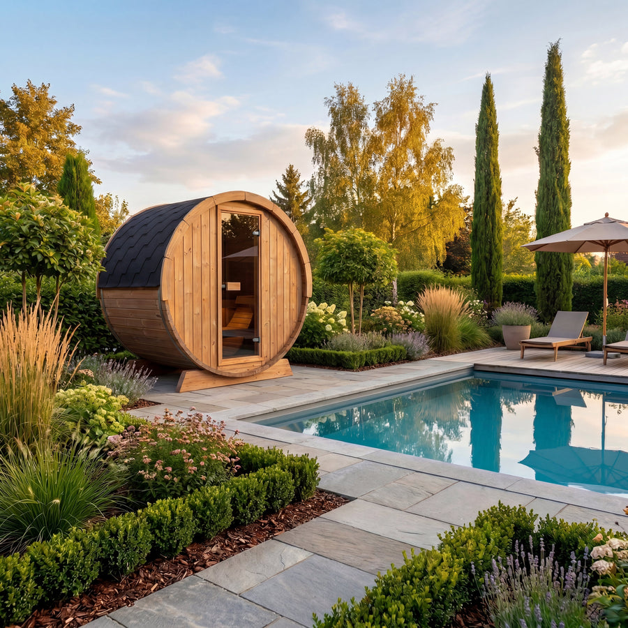 Terrace Barrel Sauna — Spruce Garden Sauna for Decking, 1.6m — lifestyle photo 2