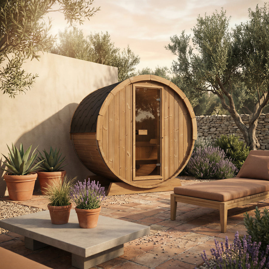 Terrace Barrel Sauna — Spruce Garden Sauna for Decking, 1.6m — lifestyle photo 3