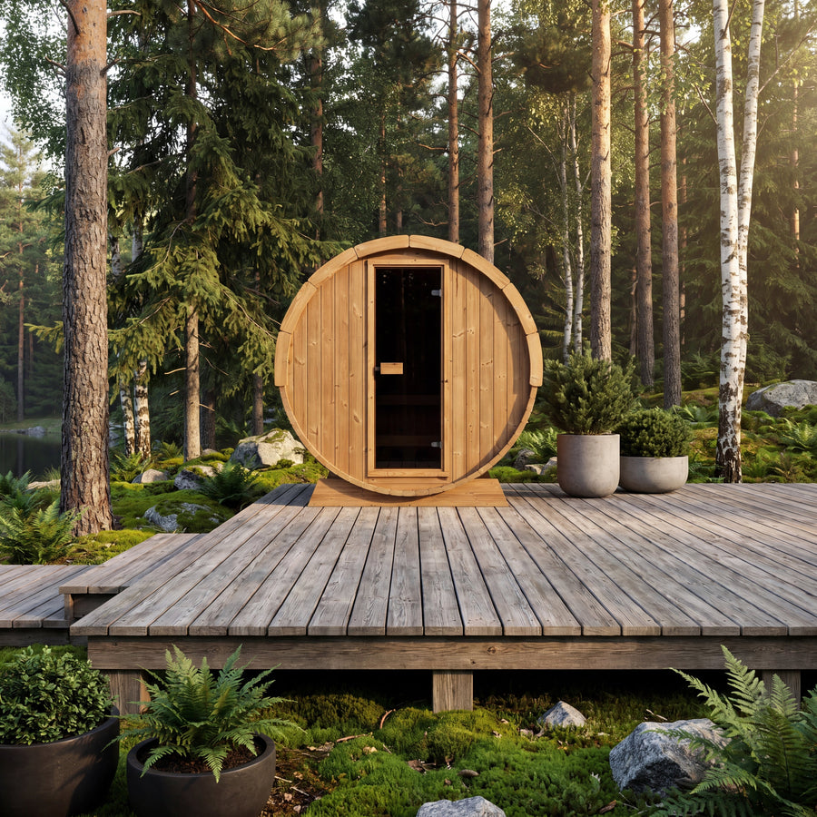 Terrace Barrel Sauna — Spruce Garden Sauna for Decking, 1.6m — lifestyle photo 4