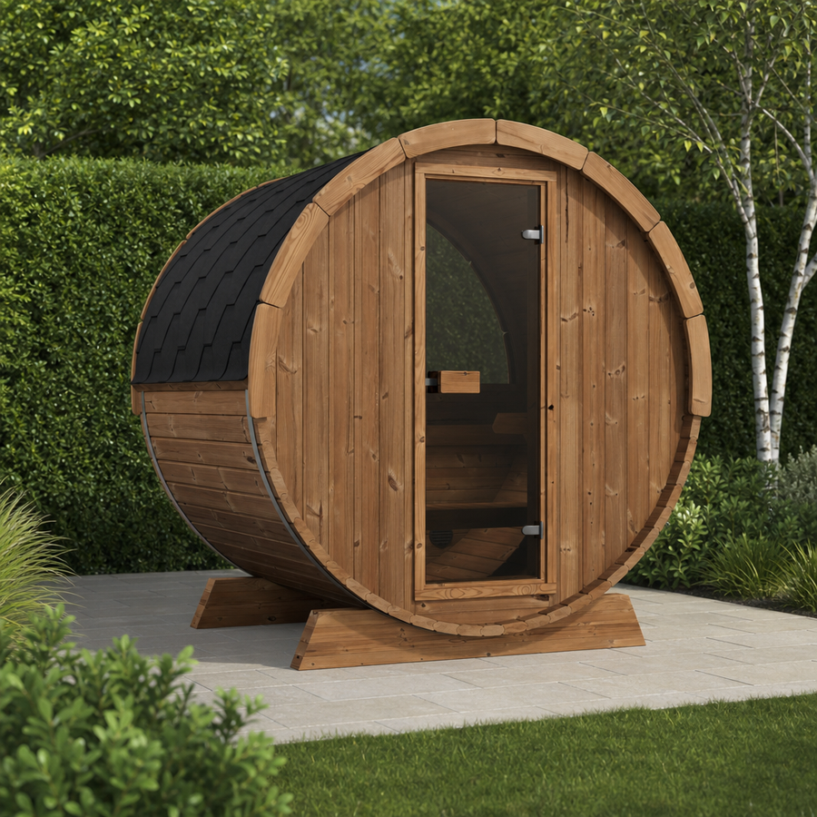 Terrace Barrel Sauna — Spruce Garden Sauna for Decking, 1.6m — lifestyle photo 6