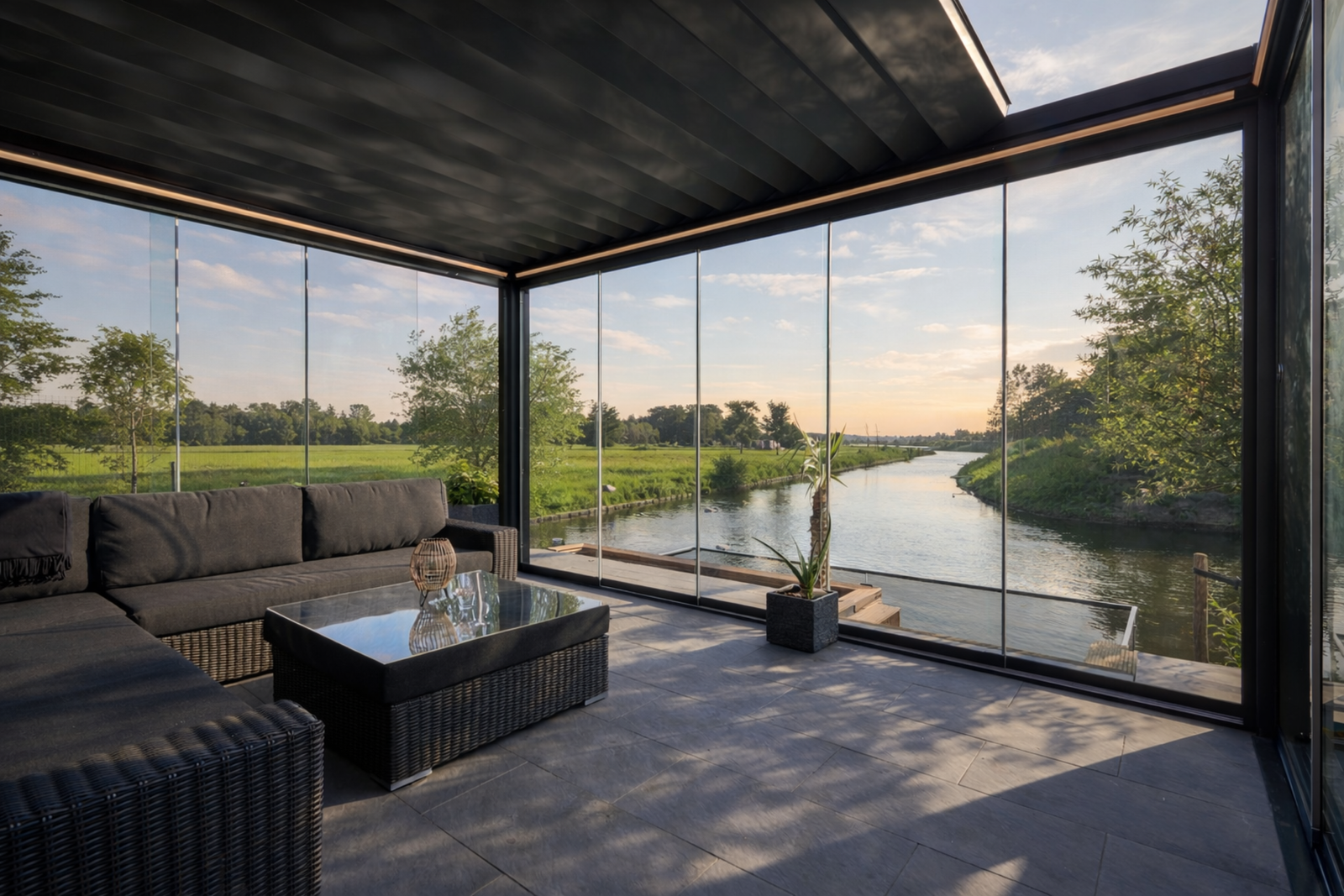 Motorised Pergola | The Aperto | Sliding Retractable Panels | Spans Up To 7m | Integrated LED | Wall-Mounted or Freestanding