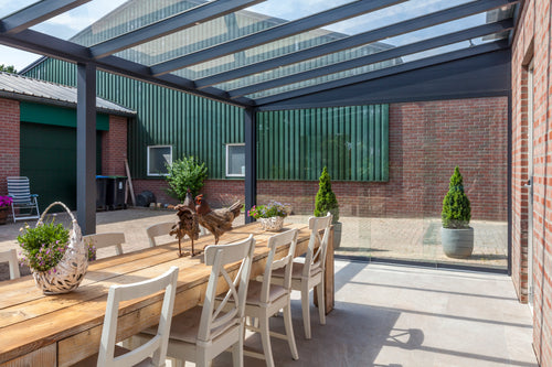 Aluminium Veranda | Deponti Pigato | Wide Span Up To 7m | Extra-Large Gutter | Glass Roof