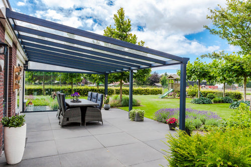 Aluminium Veranda | Deponti Pigato | Wide Span Up To 7m | Extra-Large Gutter | Glass Roof