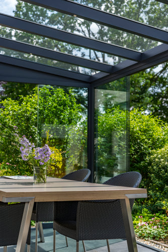 Aluminium Veranda | Deponti Pigato | Wide Span Up To 7m | Extra-Large Gutter | Glass Roof