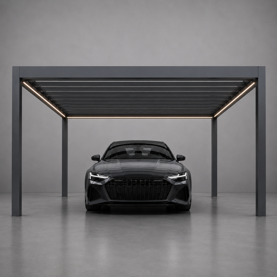 Glass Roof Aluminium Carport | The Rimessa | Reinforced Safety Glass | Extra-Wide Panels | Spans Up To 7m | Integrated LED