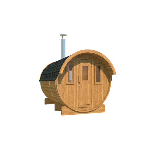 Barrel Sauna 330 with Overhang — angle view