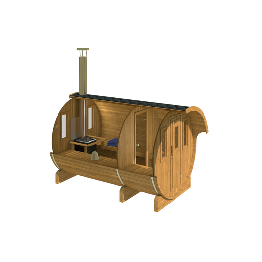 Barrel Sauna 330 with Overhang — side view