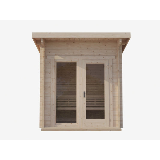 Log Cube Sauna Panorama — front view