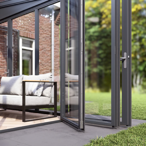 Roma Vista glass door system in anthracite close-up showing panel fold mechanism