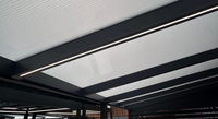 LED strip lighting installed in a veranda beam, warm white 2700K glow along the rafter