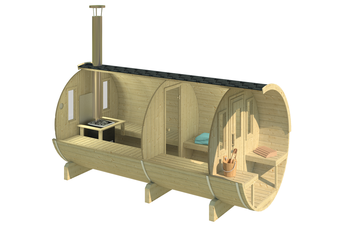 charnia 400 pro 6 person outdoor barrel sauna with terrace changing room product exterior view — view 5