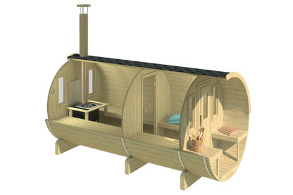 charnia 400 pro 6 person outdoor barrel sauna with terrace changing room product exterior view — view 5