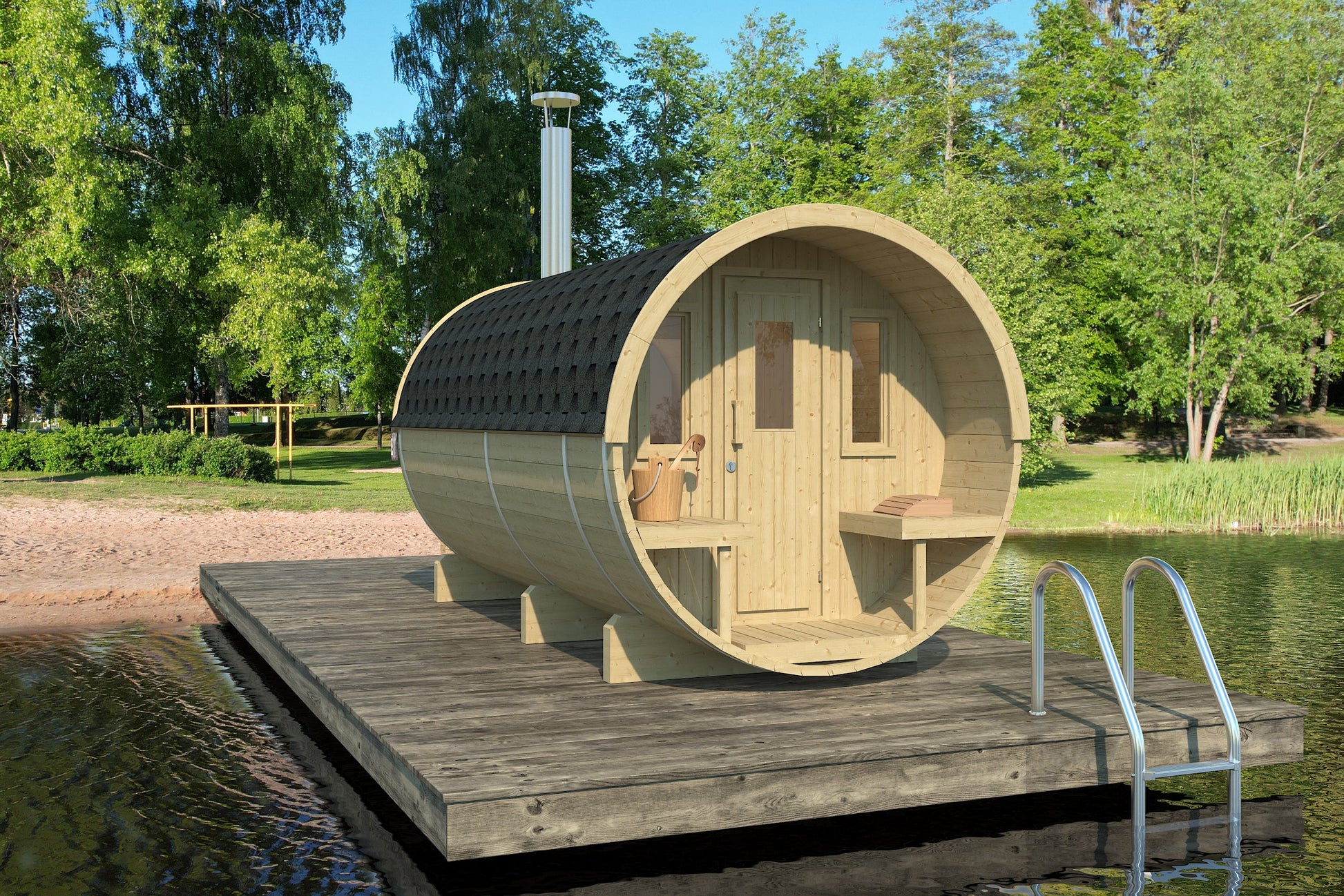 charnia 400 pro 6 person outdoor barrel sauna with terrace changing room product exterior view — view 4